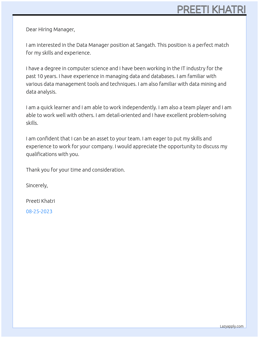 Data Manager At Sangath Cover Letter