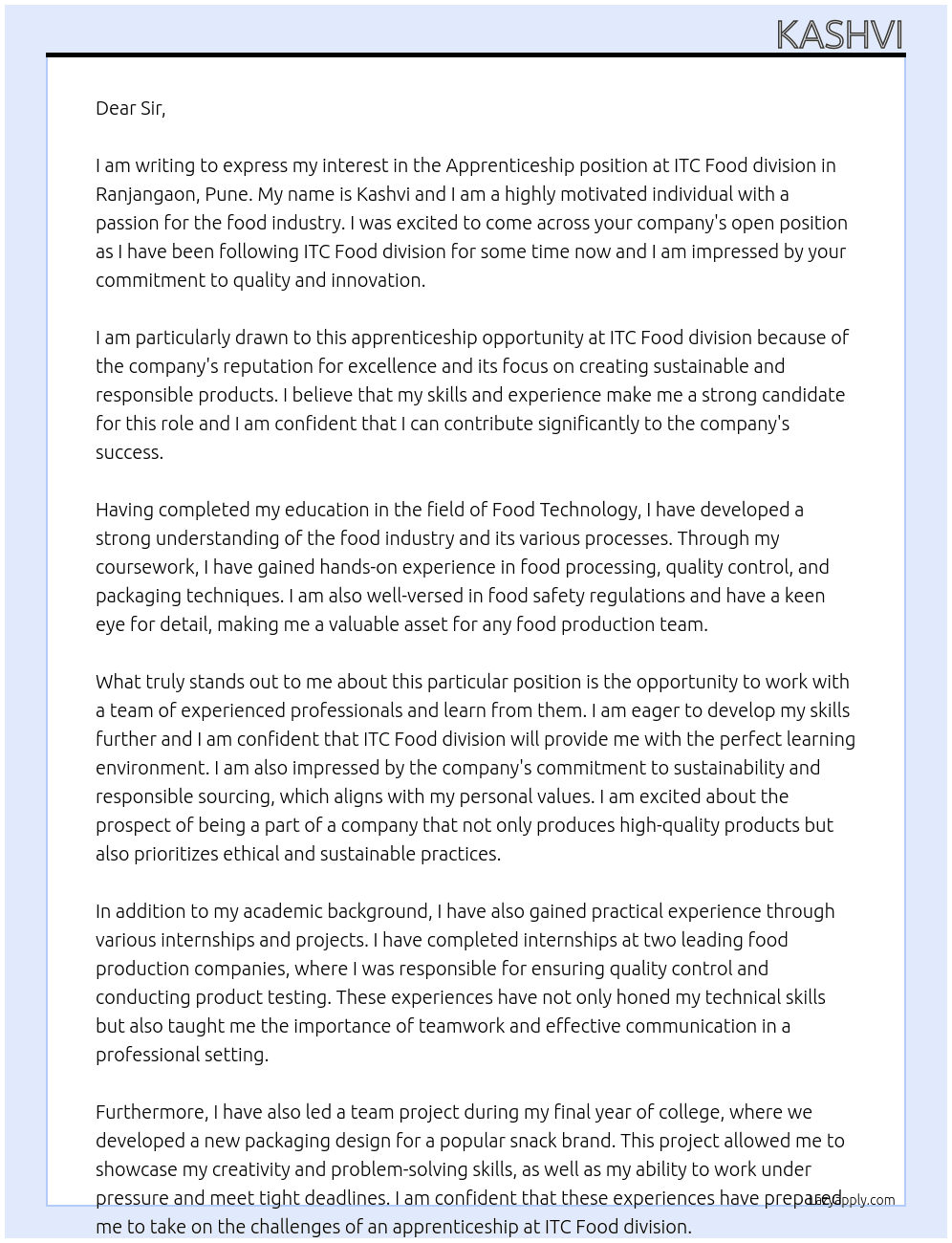 Apprenticeship At ITC Food division Cover Letter