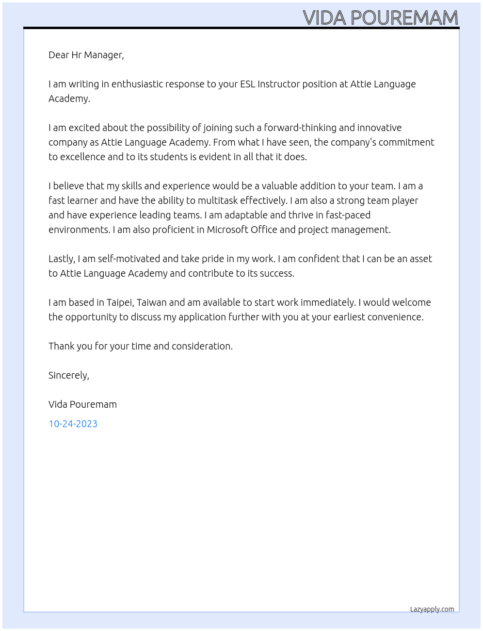 ESL Instructor At Attie Language Academy Cover Letter