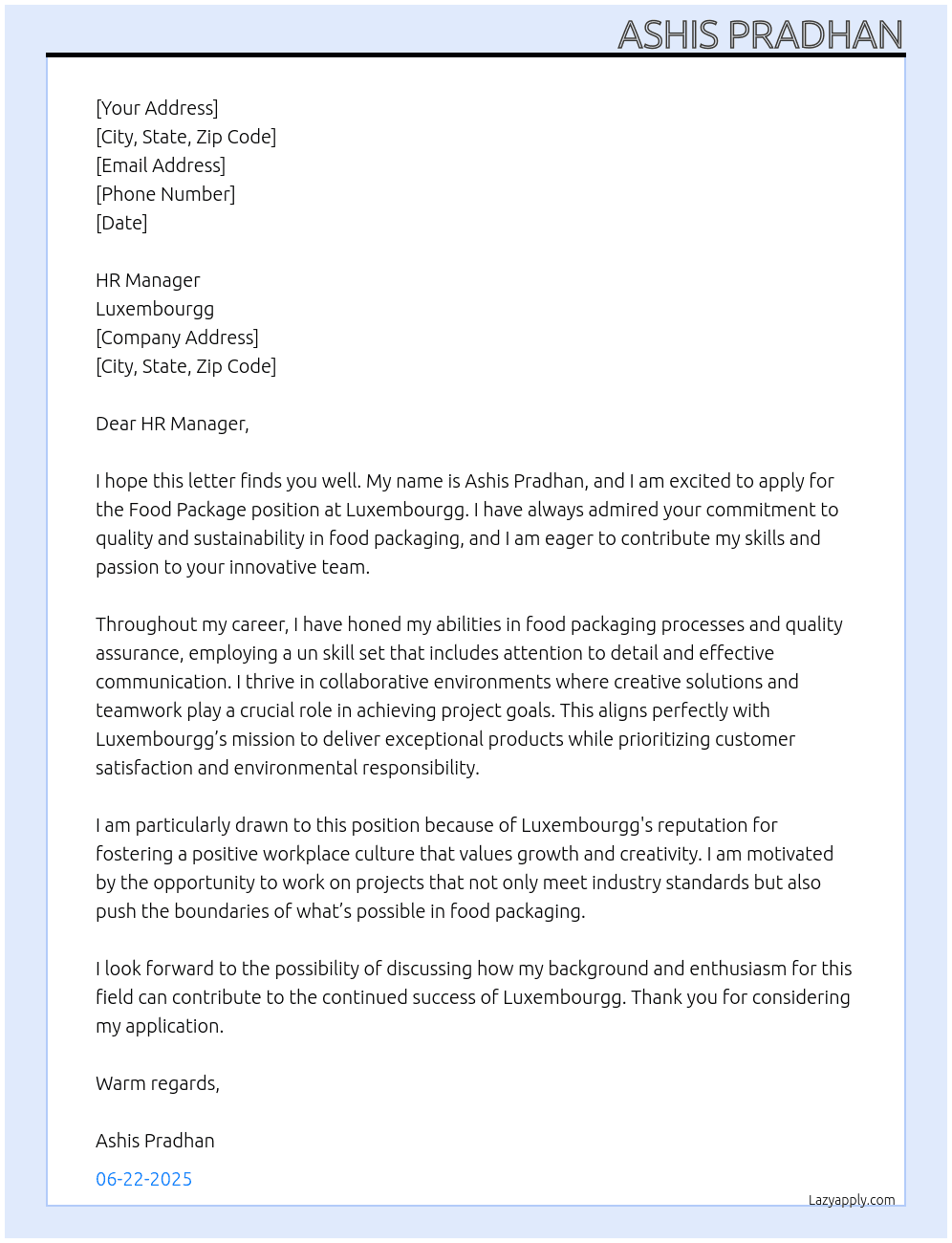 food package At luxembourgg Cover Letter