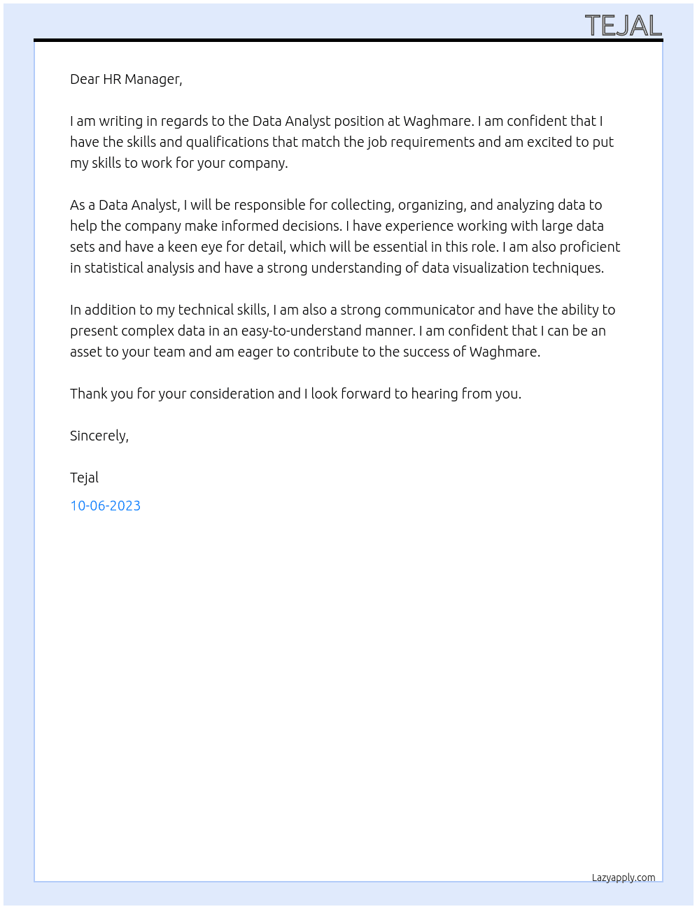 Data Analyst At Waghmare Cover Letter