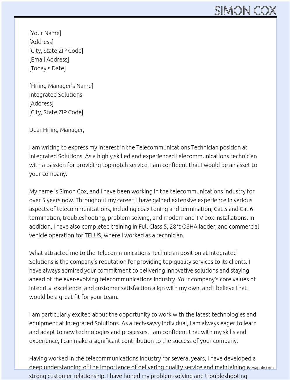 Telecommunications Technician At Integrated Solutions Cover Letter