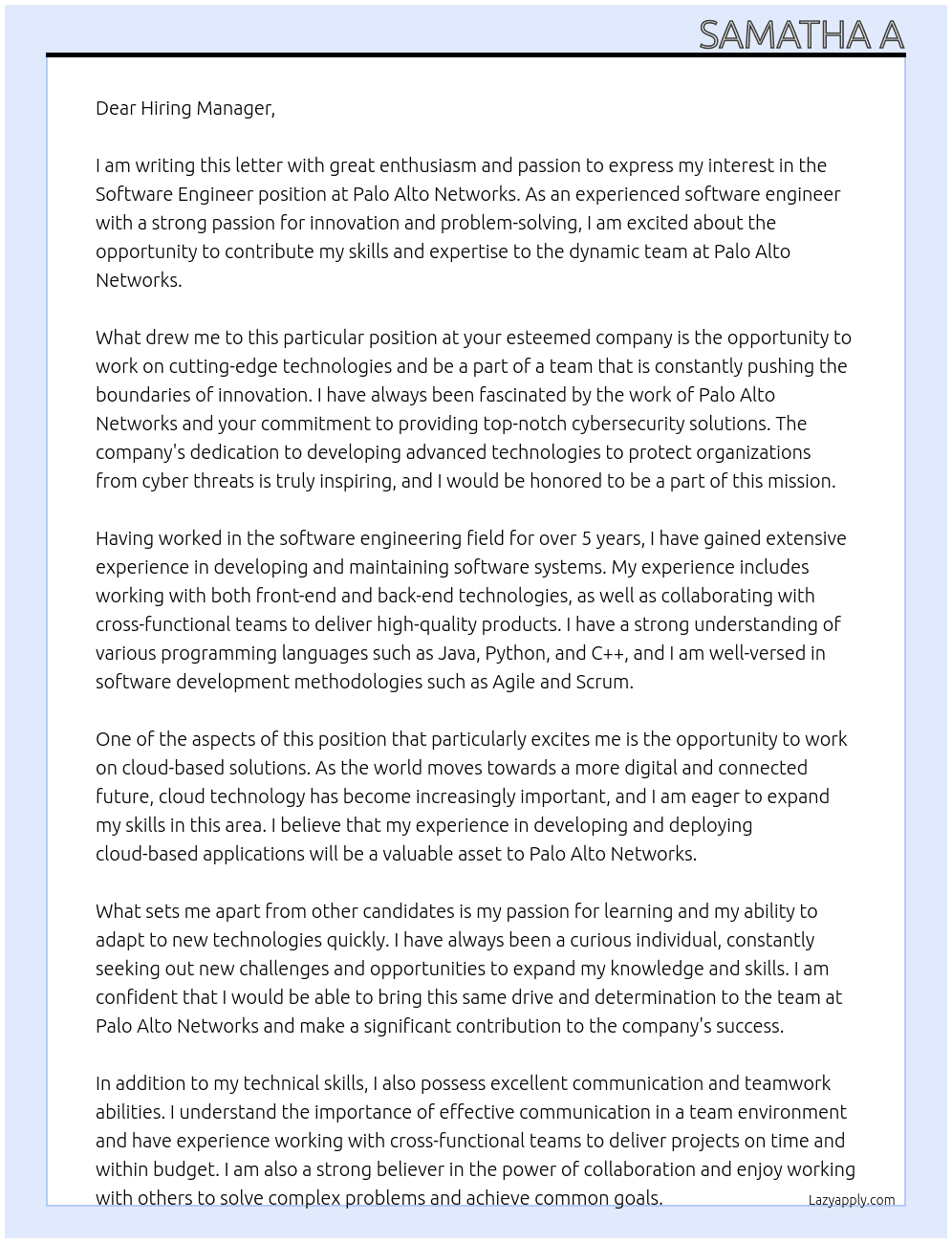 Software engineer At Palo Alto Networks Cover Letter