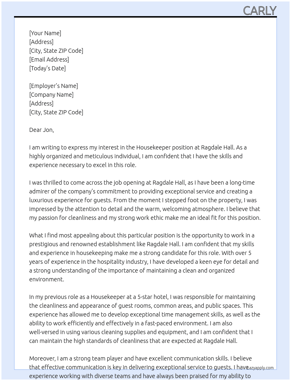 Housekeeper  At Ragdale hall Cover Letter