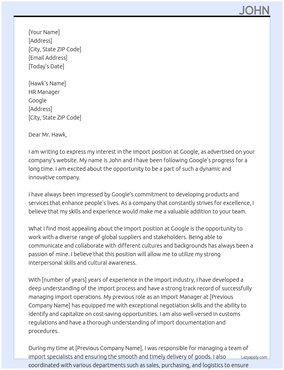 Import  At google Cover Letter