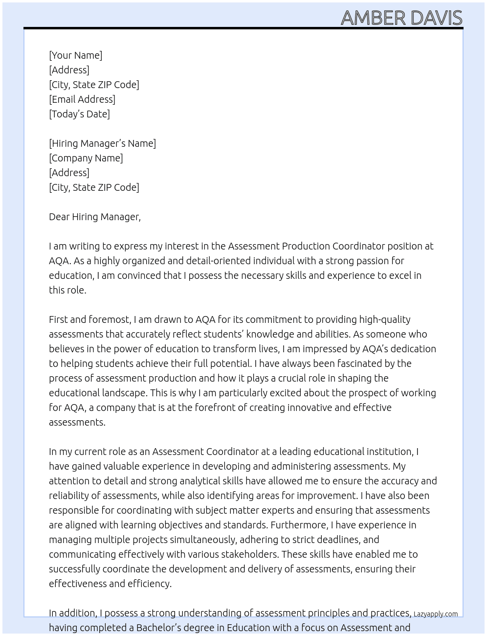 Assessment Production Coordinator At AQA Cover Letter