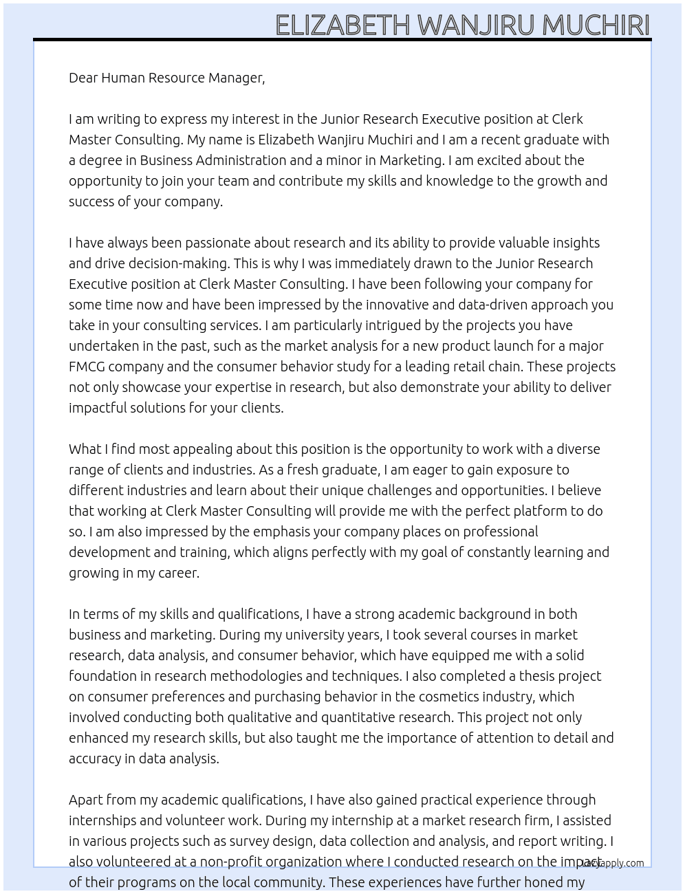 Junior research executive At Clerk Master Consulting Cover Letter