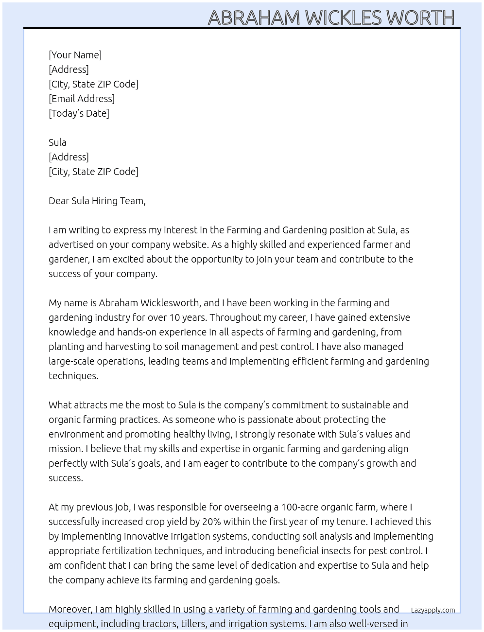 Farming  and gardening  At Sula Cover Letter