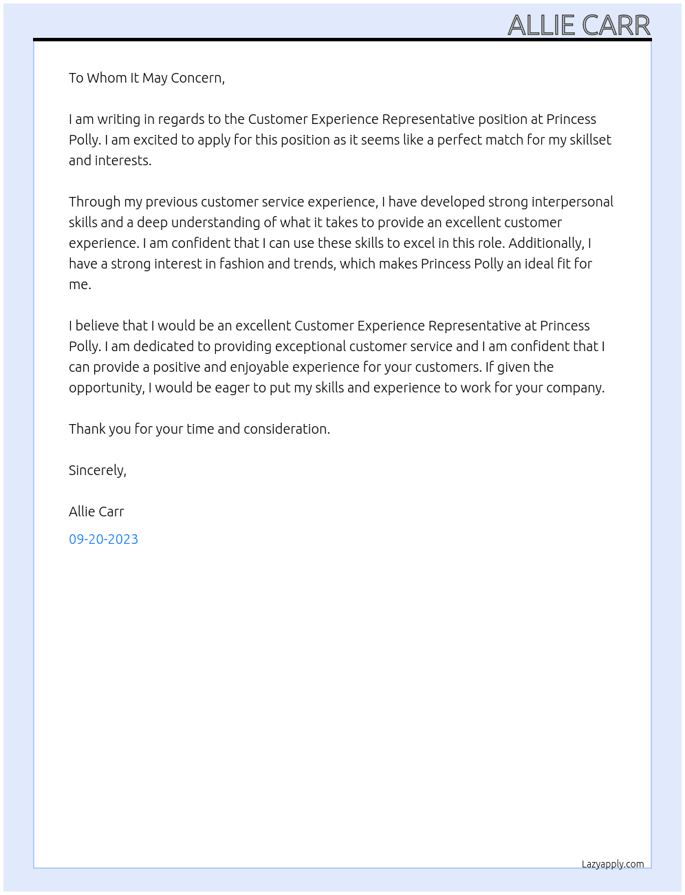 Customer Experience Representative At Princess Polly Cover Letter
