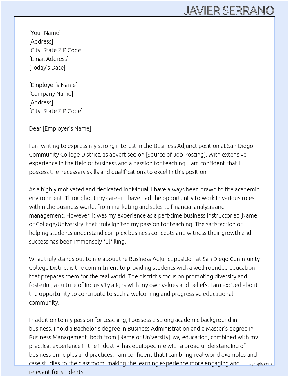 Business Adjunct At San Diego Community College District Cover Letter