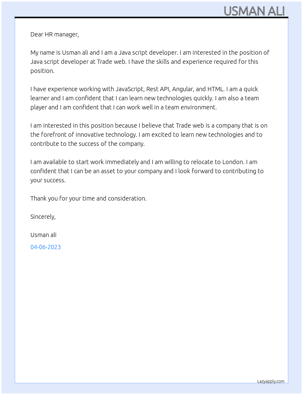 Java script developer  At Trade web Cover Letter