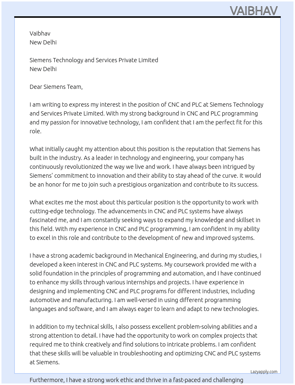 CNC and PLC At Siemens Technology and Services Private Limited Cover Letter