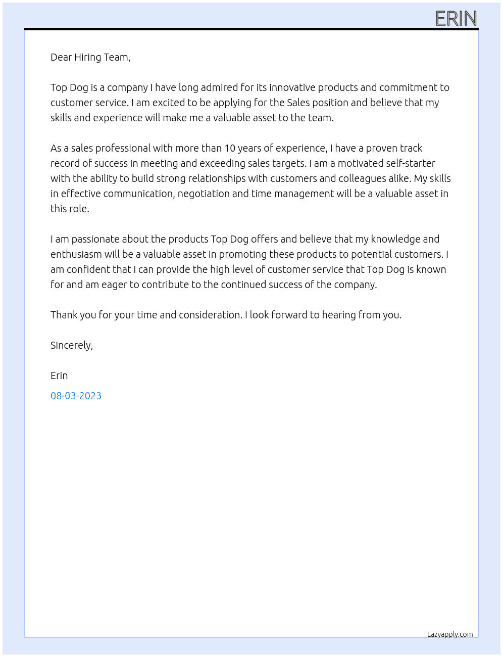 sales At Top Dog Cover Letter
