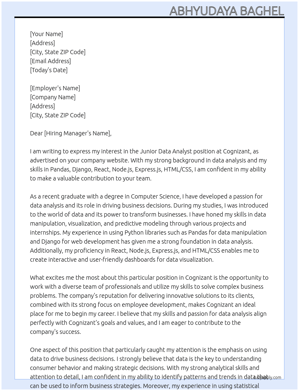 Junior Data Analyst At Congnizant Cover Letter