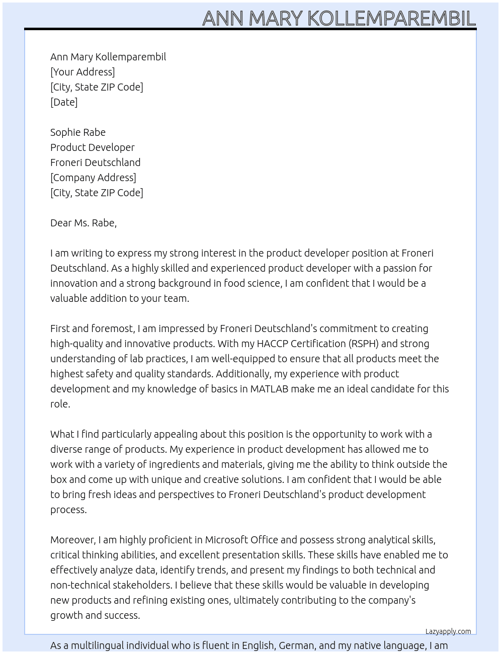 product developer At Froneri Deutschland Cover Letter