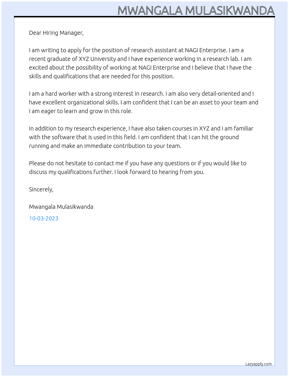 research assistant At NAGI ENTERPRISE Cover Letter