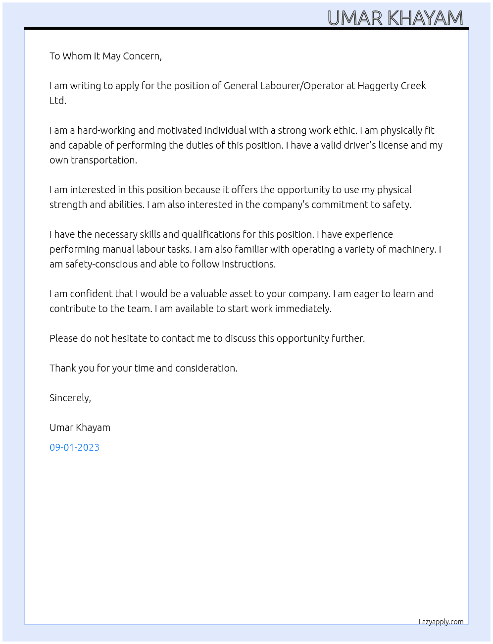 General Labourer/Operator  At Haggerty Creek Ltd Cover Letter