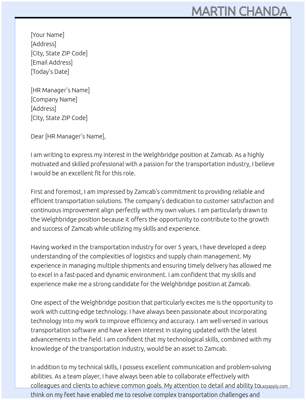 Welghbridge  At Zamcab  Cover Letter