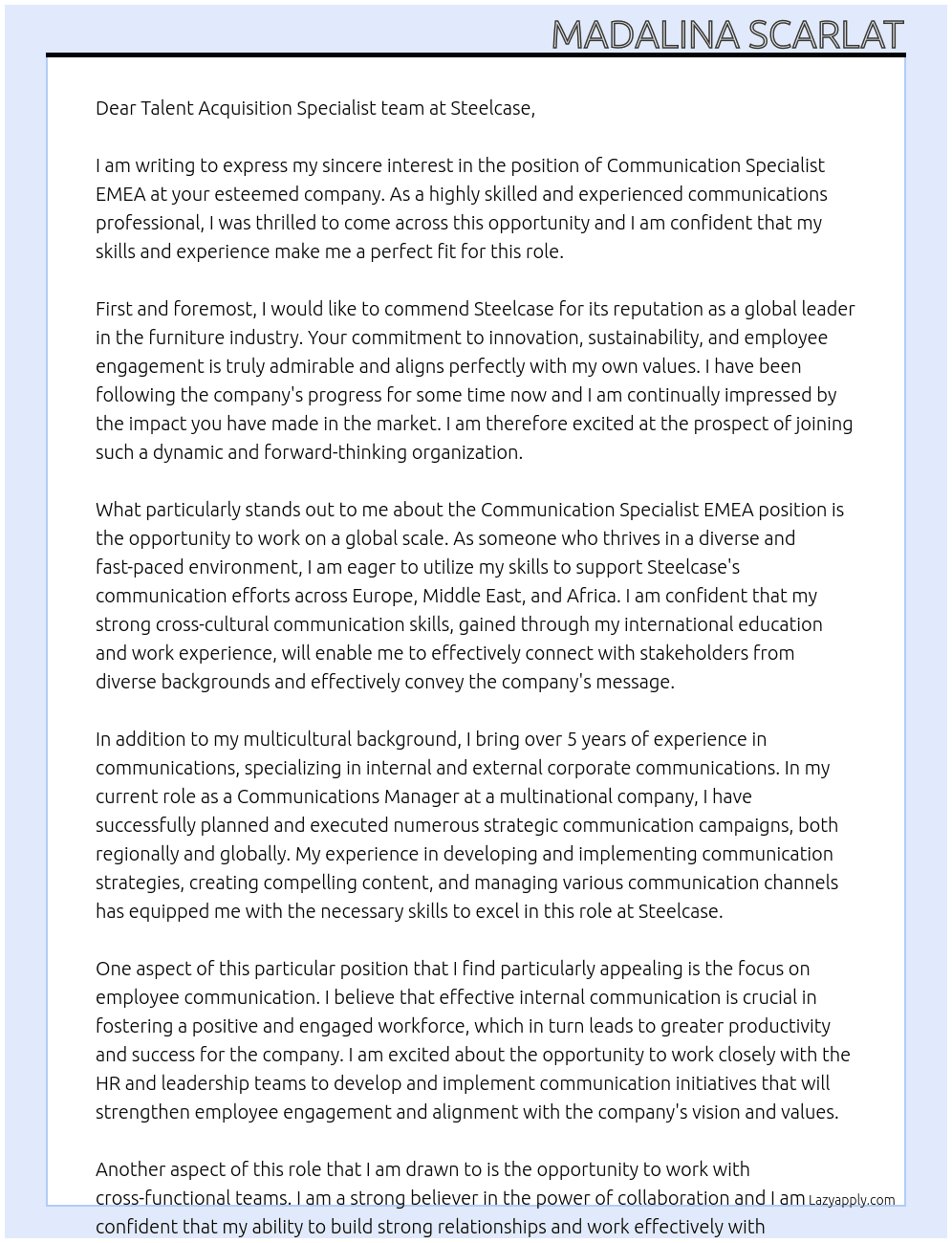 Communication Specialist EMEA At Steelcase Cover Letter