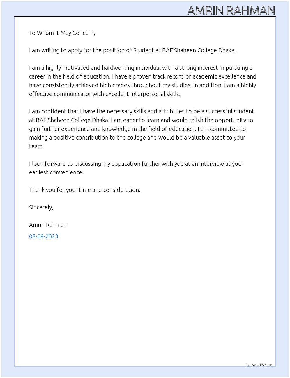 Student At BAF Shaheen College Dhaka Cover Letter