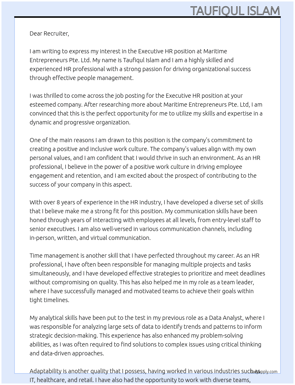  Executive HR At Maritime Entrepreneurs Pte. Ltd Cover Letter