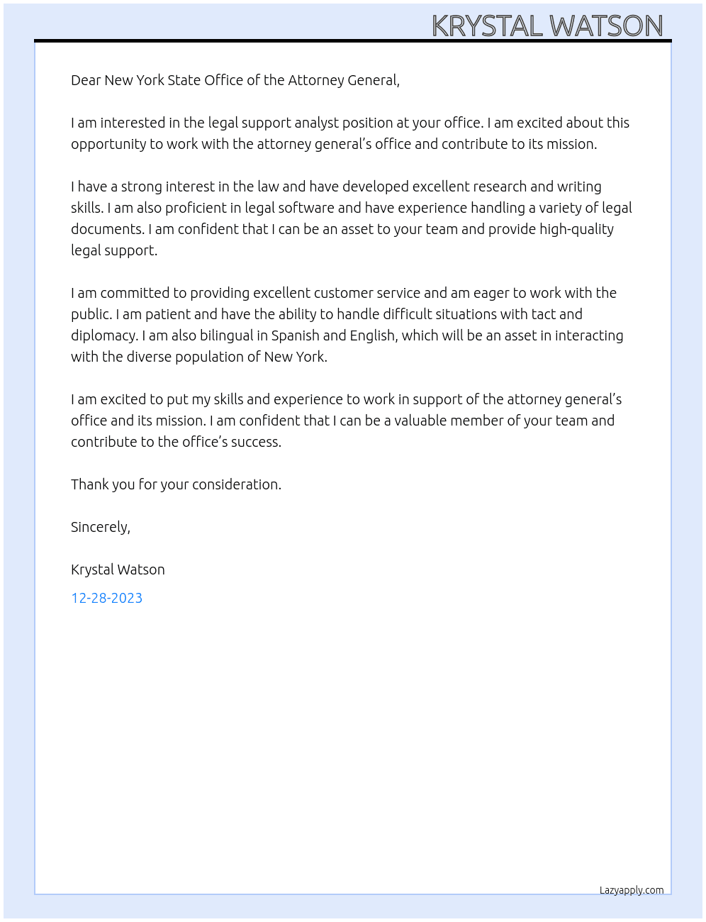 legal support analyst At new york state office of the attorney general Cover Letter