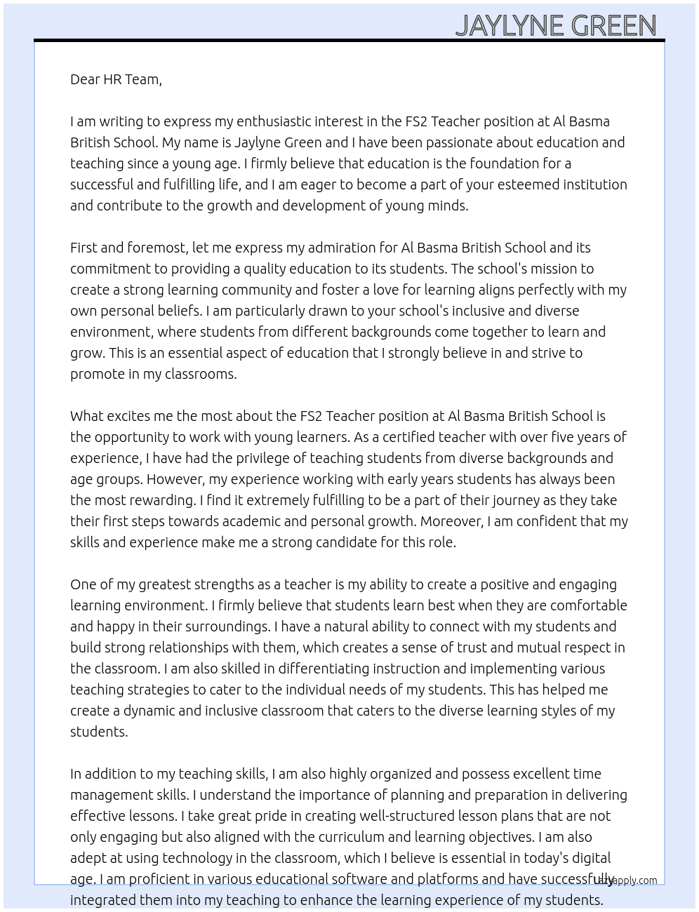 FS2 Teacher At Al Basma British School  Cover Letter