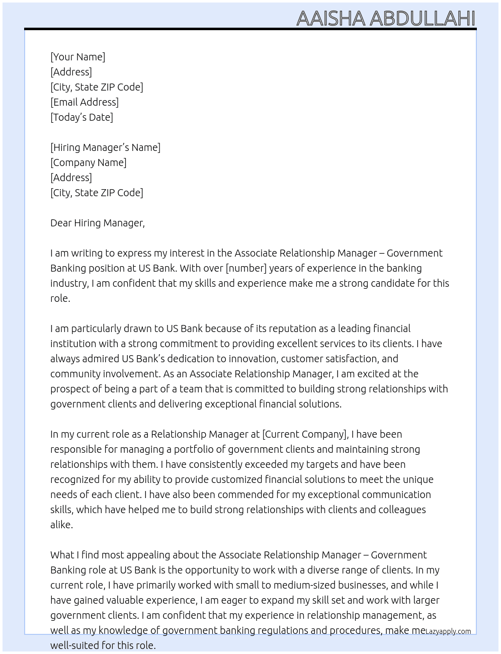 Associate Relationship Manager - Government Banking At US Bank Cover Letter