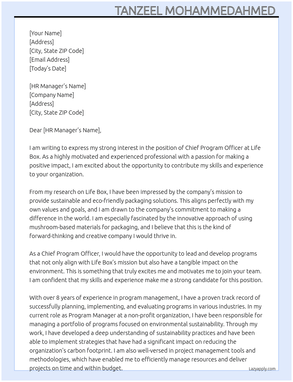 Chief program officer  At Life Box  Cover Letter
