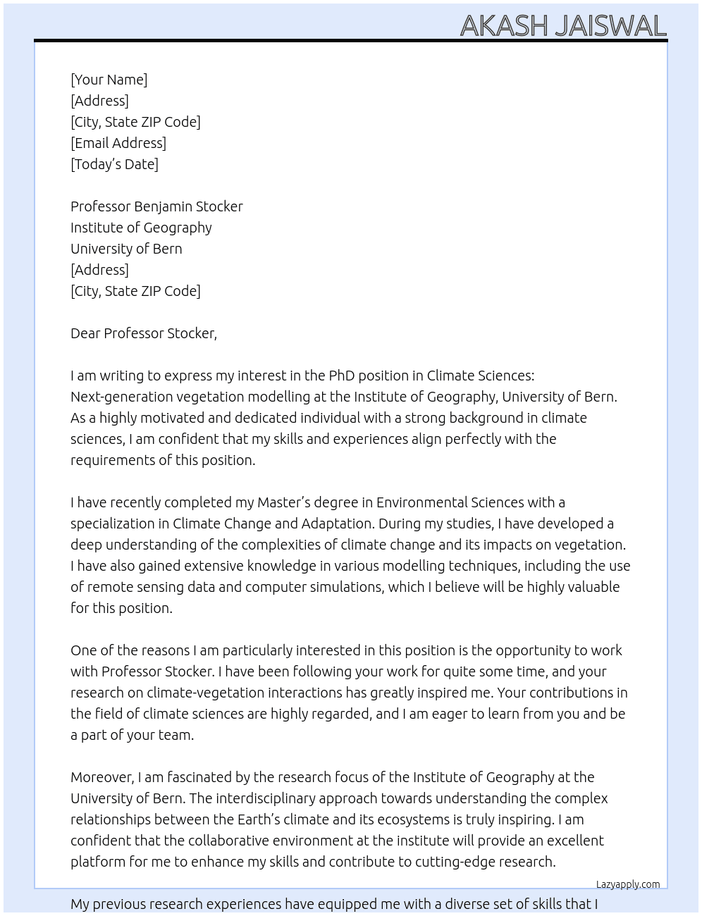 PhD in Climate Sciences: Next-generation vegetation modelling At Institute of geography University of Bern Cover Letter