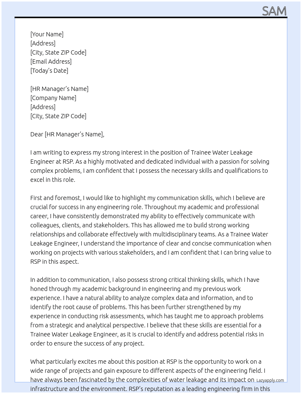 Trainee Water Leakage Engineer At RSP Cover Letter