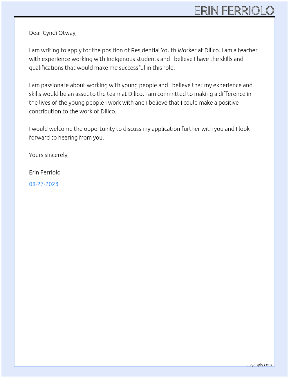 Residential Youth Workee At Dilico Cover Letter