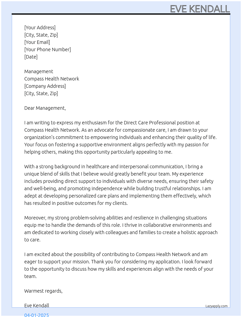Cover letter for direct care professional - LazyApply