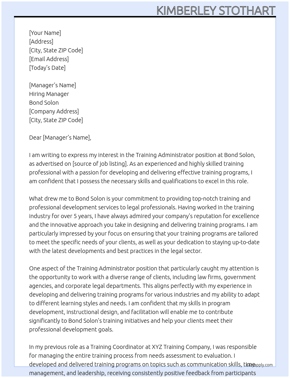 Training Administrator At Bond Solon Cover Letter