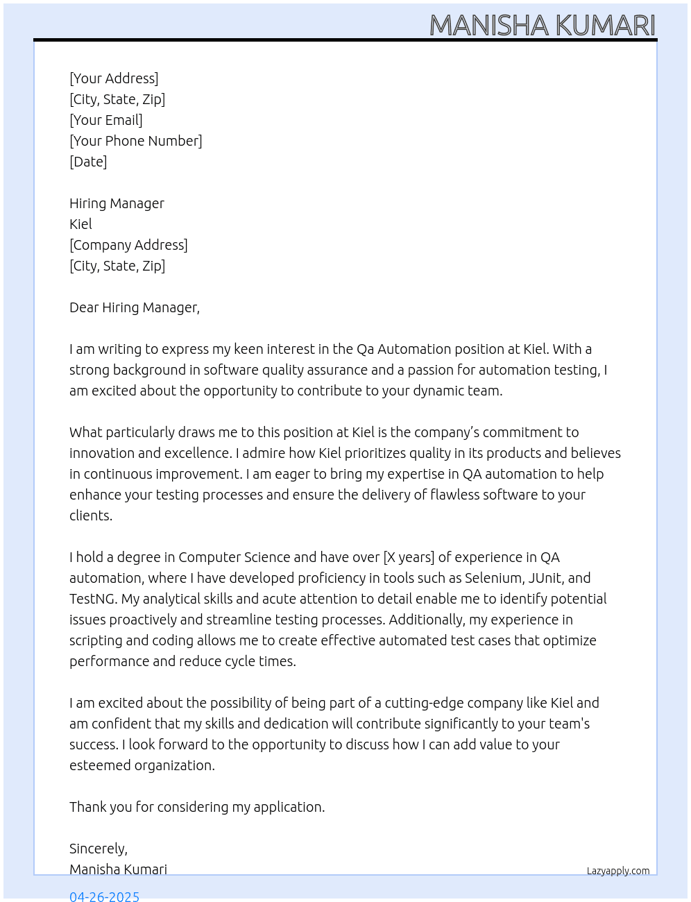 Qa automation At Kiel Cover Letter