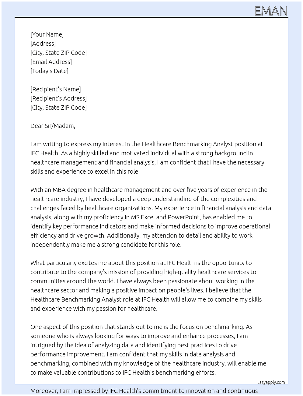 Healthcare Benchmarking Analyst At IFC Health Cover Letter