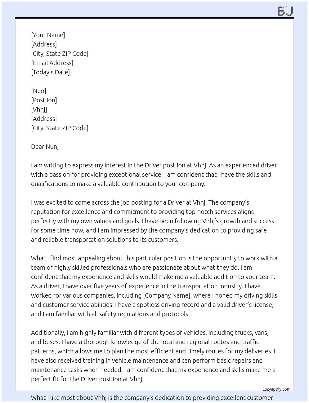 Driver At Vhhj Cover Letter