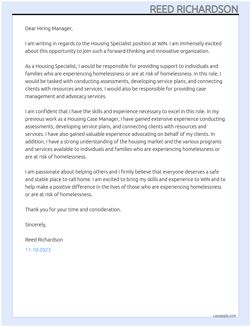 Housing Specialist At WIN Cover Letter