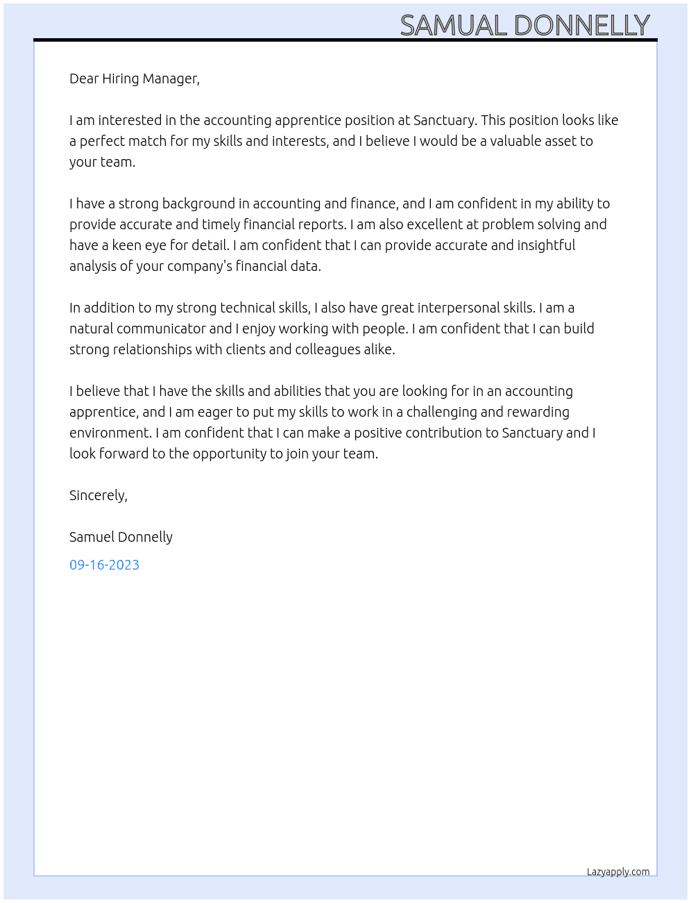 Accounting apprentice At Sanctuary  Cover Letter