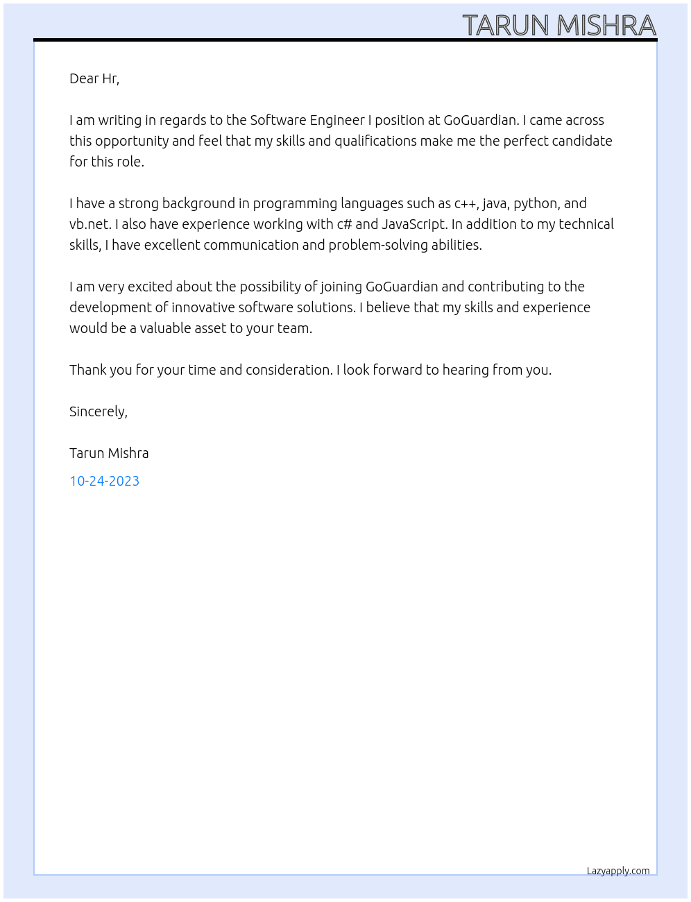 Software Engineer I At GoGuardian Cover Letter