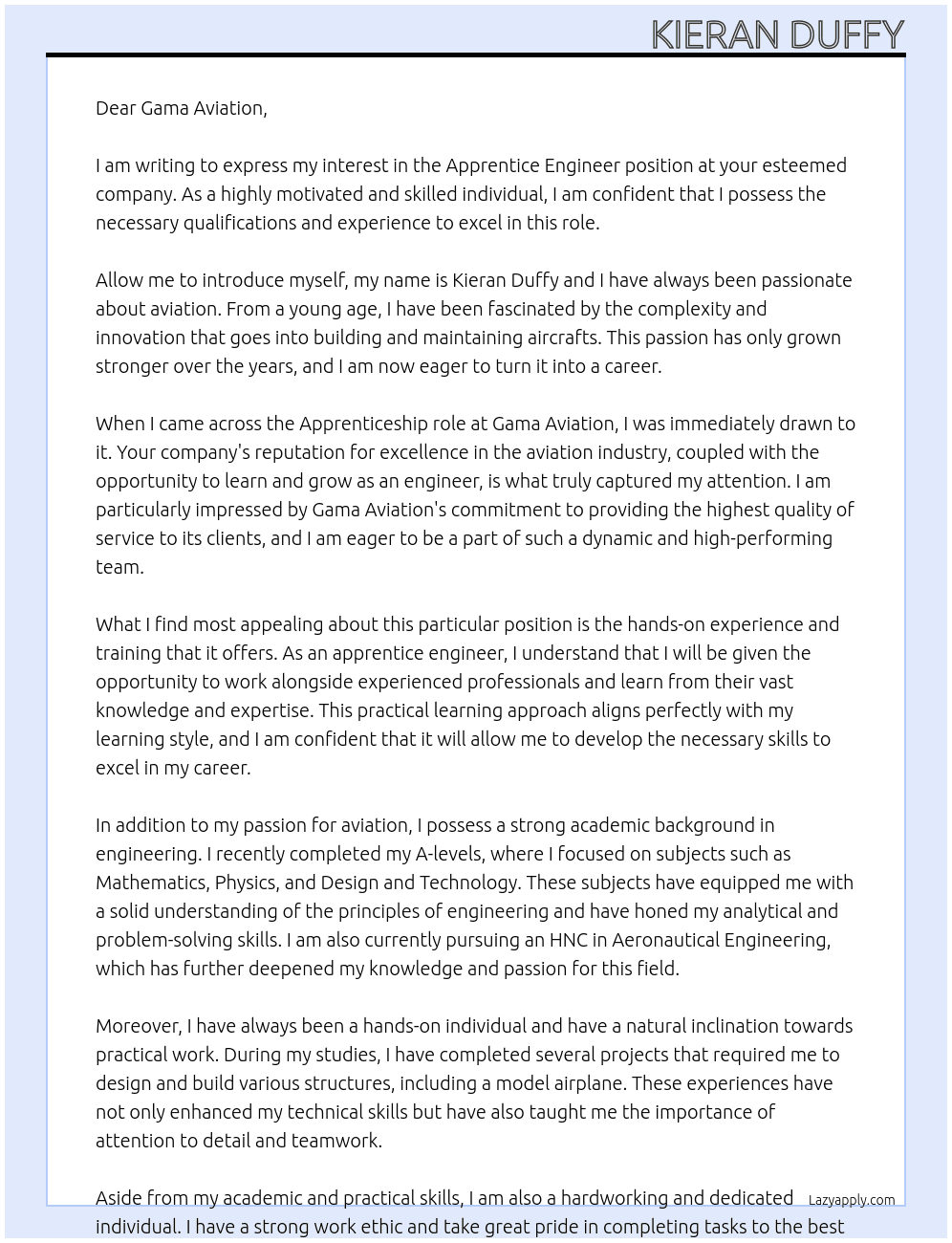 Apprentice Engineer At Gama Aviation Cover Letter