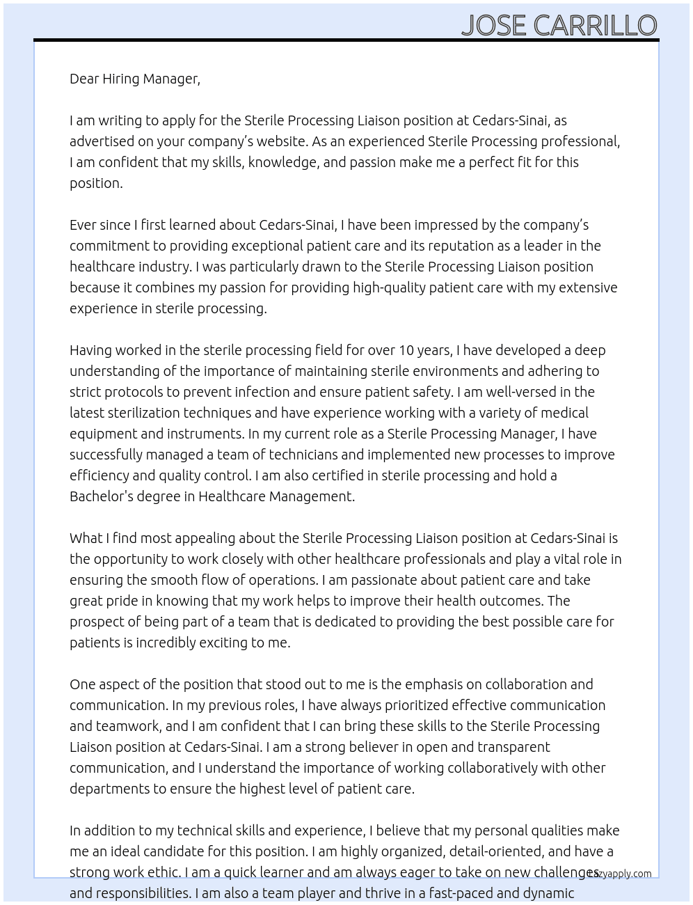 Sterile Processing Liaison  At Cedars-Sinai  Cover Letter