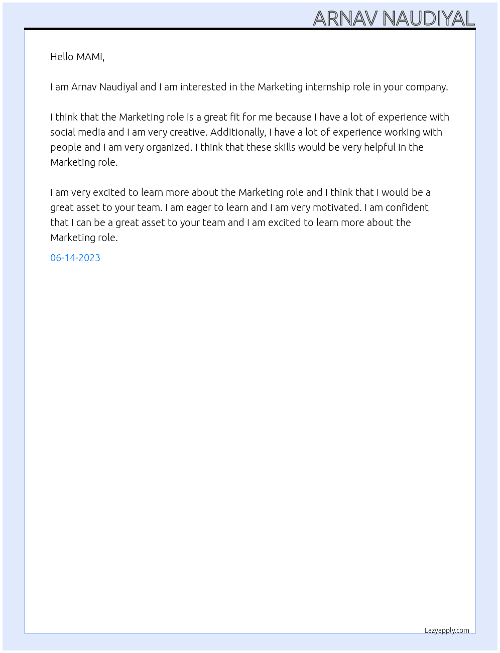 Marketing  At MAMI Cover Letter