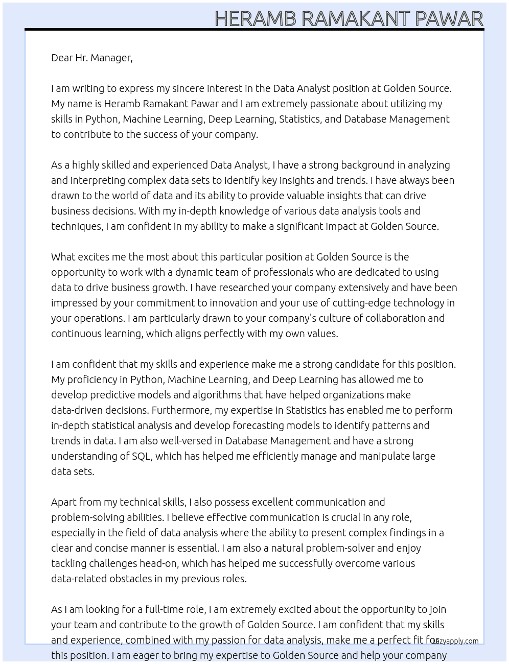 Data Analyst At Golden Source Cover Letter