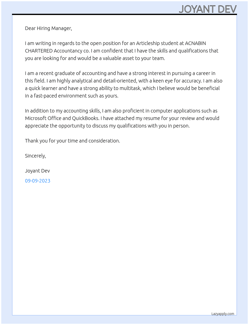 Articleship student At ACNABIN CHARTERED Accountancy co. Cover Letter
