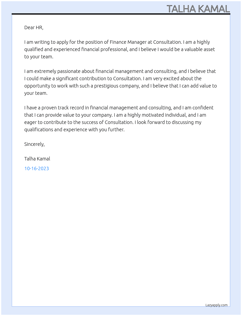 Finance Manager At Consultation Cover Letter