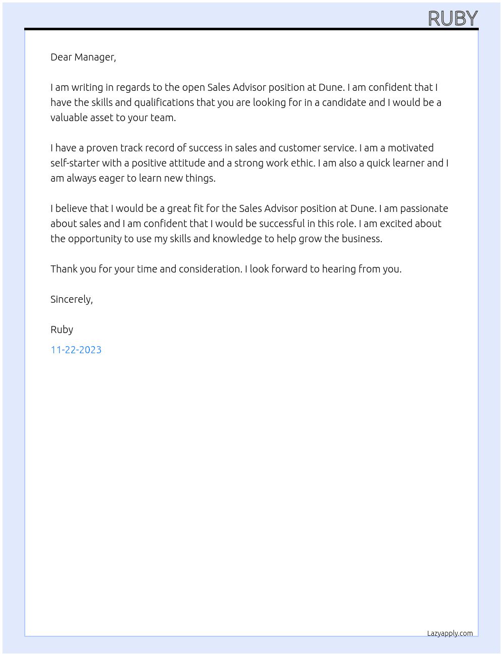 sales advisor At Dune Cover Letter