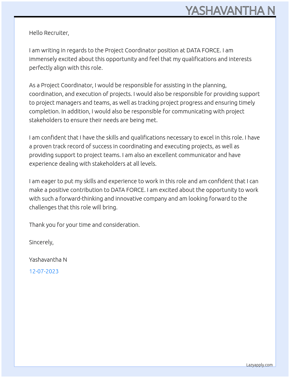 Project coordinator  At DATA FORCE Cover Letter