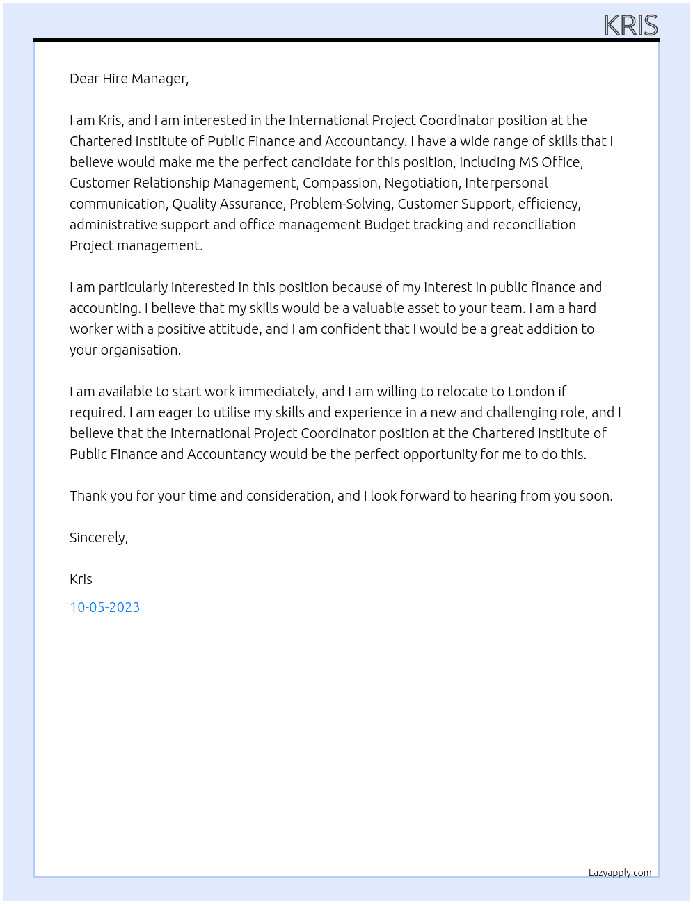 International Project Coordinator At hartered Institute of Public Finance and Accountancy Cover Letter