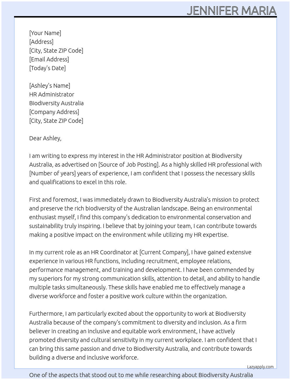 HR Administrator At Biodiversity Australia Cover Letter